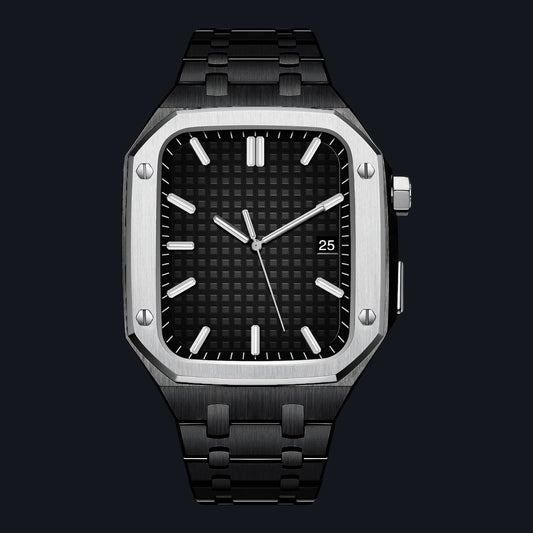 Breathtaking luxury - Stainless Steel Case + Strap Modification Kit for Apple Watch - Silver Case And Black Steel Strip