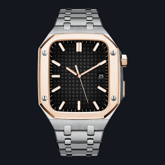 Breathtaking luxury - Stainless Steel Case + Strap Modification Kit for Apple Watch - Rose Gold Case And Silver Steel Strip